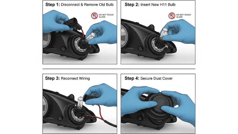 Step-by-step visual guide of H11 bulb replacement in a car headlight: 1) removing old halogen bulb, 2) inserting new H11 bulb with PGJ19-2 base, 3) reconnecting wires, 4) proper sealing of dust cover. Include warning icons for 'do not touch glass', realistic hands in gloves, modern car headlight, realistic lighting, clear instructional style, infographic layout.