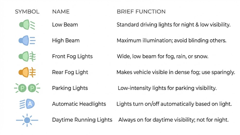 Minimalist car headlight symbols meaning chart,
white background,
grid layout with flat vector icons,
each row showing a headlight symbol, name, and brief function,
soft green, blue, and amber icon colors,
clean typography, lots of spacing,
modern automotive reference guide style,
bright, friendly, non-dark,
high clarity, 4K resolution