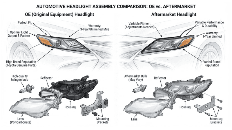 Technical comparison diagram of OE vs. Aftermarket headlight assemblies showing differences in fitment, quality, and exploded components.