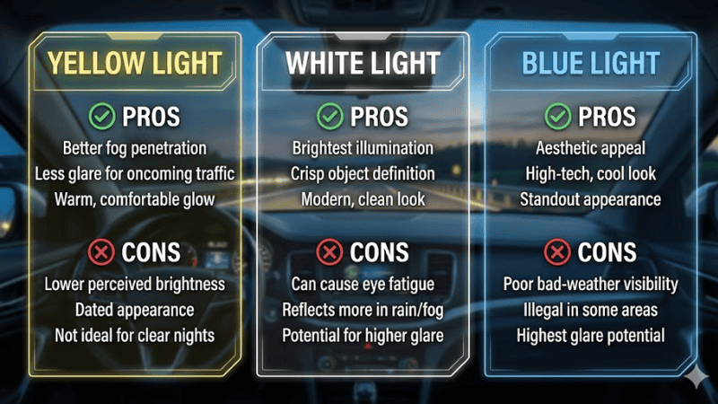 A chart showing the advantages and disadvantages of three-color car lights