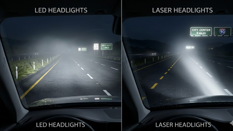 LED vs laser headlights infographic: wide 300m beam vs narrow 600m beam on dark misty highway.