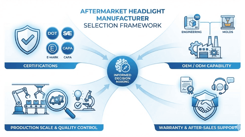 A professional blue and white B2B infographic illustrating a "Decision framework for choosing an aftermarket headlight manufacturer." It features four symmetrical pillars using industrial-style icons to represent key criteria: The first pillar shows certification marks (like DOT, SAE, E-Mark); the second shows engineering and factory mold icons representing OEM/ODM capability; the third shows production lines and testing lab icons for Quality Control; and the fourth shows warranty shields and support symbols.