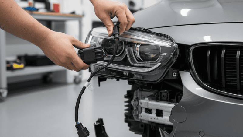 Step-by-step style photo showing BMW F32 front bumper loosened,
headlight bolts exposed, wiring disconnected.
Clean garage, realistic hands, no motion blur.