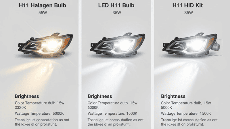 Comparison of H11 halogen bulb, LED H11 bulb, and H11 HID kit in a modern car headlight: showing brightness, color temperature (warm halogen, cool LED, bright HID), wattage, light beam spread, realistic headlight housing, infographic style, labeled, professional automotive lighting illustration.
