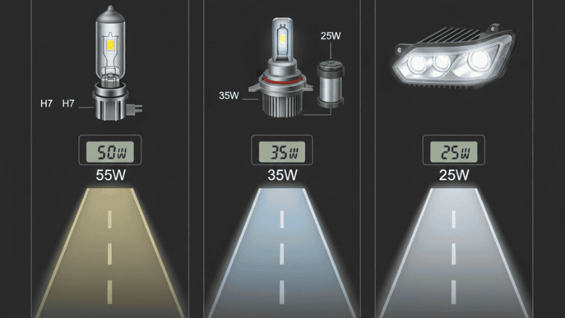 Technical, semi-realistic automotive infographic comparing lumen output vs wattage of car headlights.

Left: Halogen bulb, 55W, ~1000 lumens.

Middle: HID bulb, 35W, ~5000 lumens.

Right: LED bulb, 25W, ~3600–4500 lumens per bulb.

Show visible light projected on road, wattage meters, clean engineering style, dark neutral background, labeled accurately, realistic light falloff, professional automotive lighting visualization.
