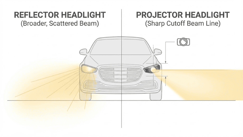 Photographie automobile professionnelle d'un bloc optique de phare d'origine avec étiquettes pour feux de croisement, feux de route, clignotants et réflecteur.