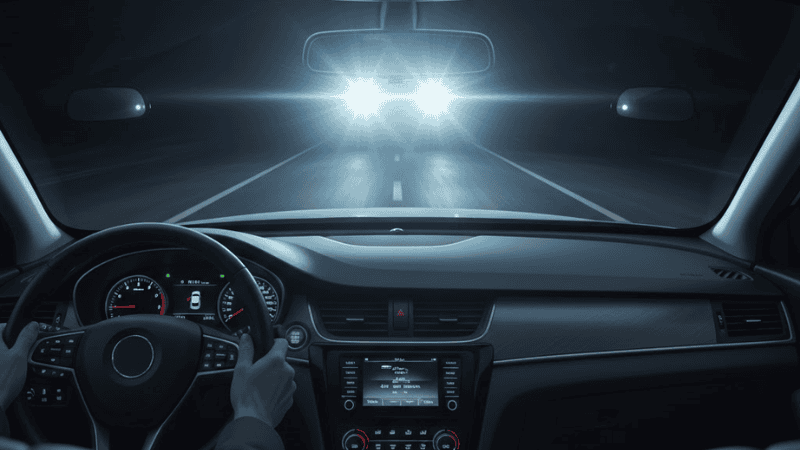منظر السائق من داخل السيارة ليلاً، وهو يواجه المركبات القادمة ذات المصابيح الأمامية العالية الساطعة التي تسبب وهجاً على الزجاج الأمامي.
