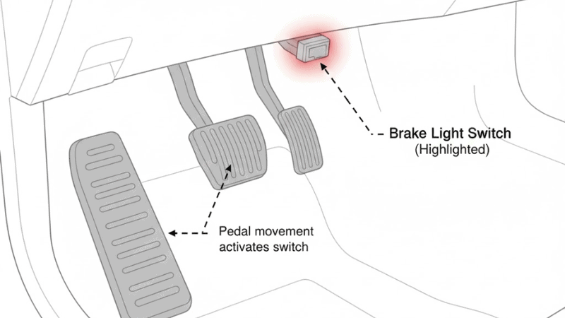 Interior car footwell diagram.
Brake pedal clearly shown.
Brake light switch mounted above pedal, highlighted.
Arrow indicating pedal movement activating switch.
Clean technical illustration, labeled parts.
Simple, accurate, easy to understand.