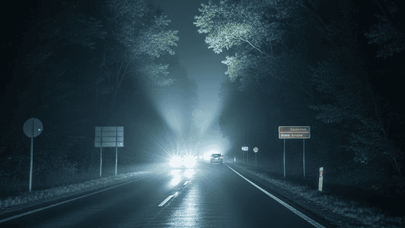 Night road scene with high-lumen LED headlight ~4500 lm improperly focused.
Glare reflected off road signs and wet asphalt, oncoming cars affected.
Accurate beam spread, realistic road surface and reflections, professional technical style, semi-realistic night driving, clearly shows hazard.