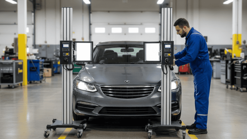 In the auto repair workshop, technicians are using professional equipment to conduct light detection and calibration on the headlights of cars.