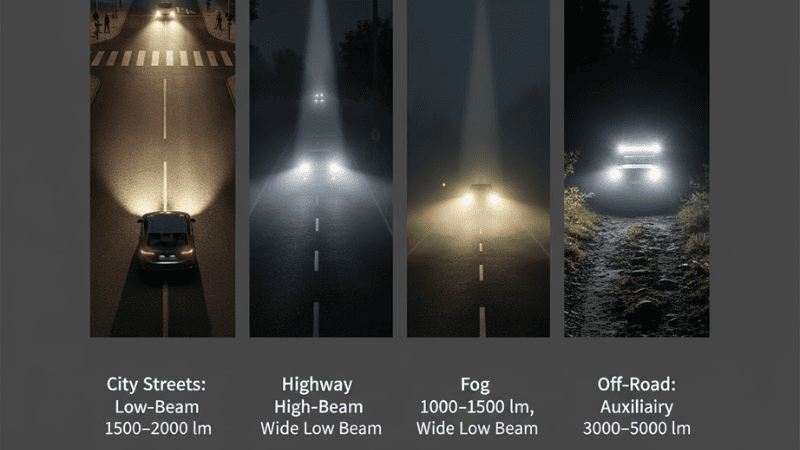 Multi-panel night driving infographic:

City streets: low-beam 1500–2000 lm
Highway: high-beam 2500–3500 lm
Fog: 1000–1500 lm, wide low beam
Off-road: auxiliary 3000–5000 lm

Show correct beam patterns and distances, realistic roads, accurate lumen ranges labeled, semi-realistic automotive engineering style.