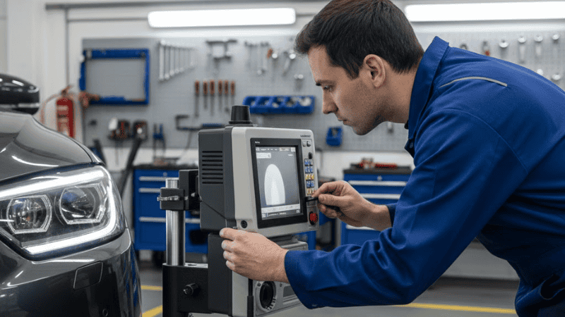 فني سيارات يرتدي زي عمل أزرق اللون، يستخدم جهاز تشخيص لمعايرة مصباح أمامي لسيارة في ورشة عمل.