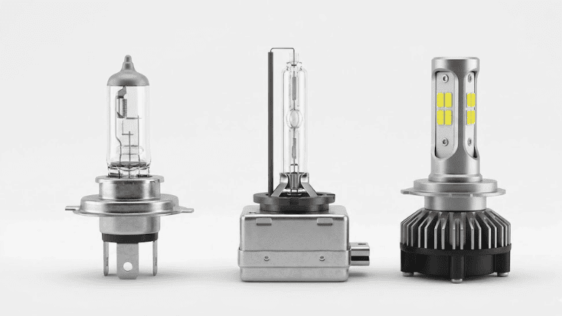 Comparaison concrète de trois sources d'éclairage automobile&nbsp;: ampoule halogène traditionnelle, xénon HID et ampoule de phare LED moderne.