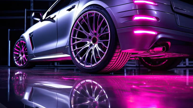 Closeup of beautiful alloy wheels of an expensive supercar. In the sports car sales center