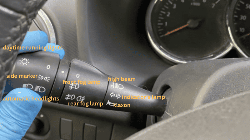 Car headlight control stalk labeled with symbols: daytime running lights, side marker, automatic headlights, fog lights, high beam, indicators, klaxon
