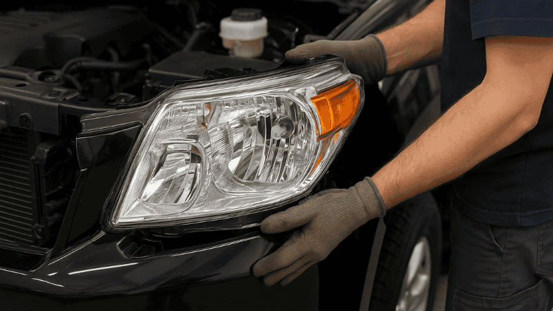 A professional is mounting LED headlight assembly