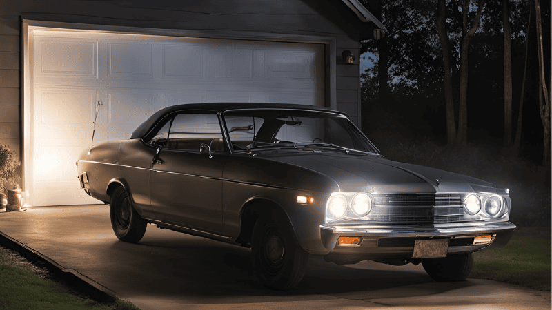 A car turned on its headlights against the garage door and the lights shone on the garage door.