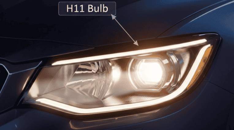 A high-resolution automotive lighting hero image showcasing a modern car headlight with an illuminated H11 bulb, glowing brightly in a dark environment. Include labels showing H11 bulb, subtle reflections on the car body, modern and clean style, realistic rendering, focus on bulb clarity, professional automotive photography style, warm yet technical lighting.