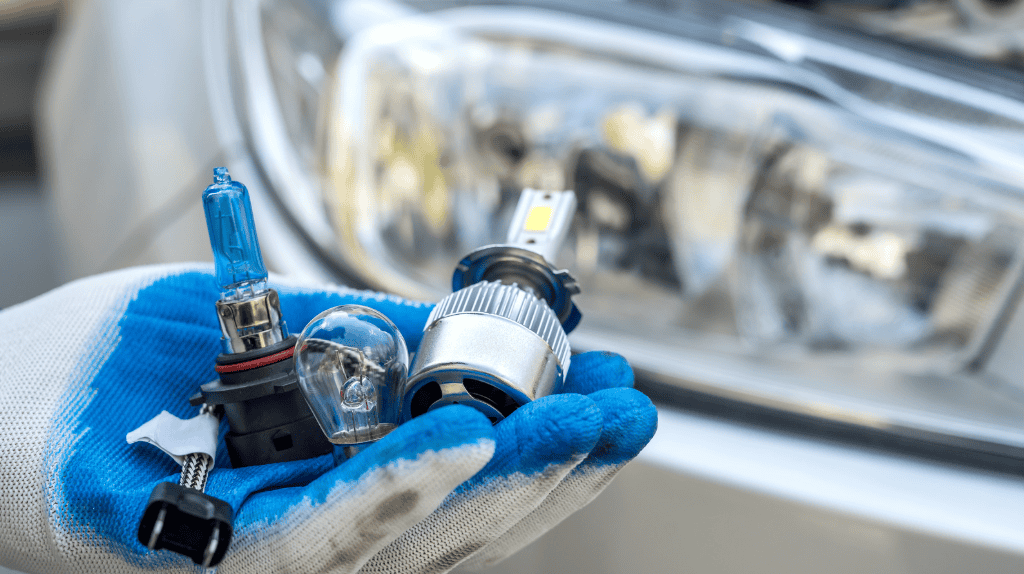 headlight bulbs on a man's hand