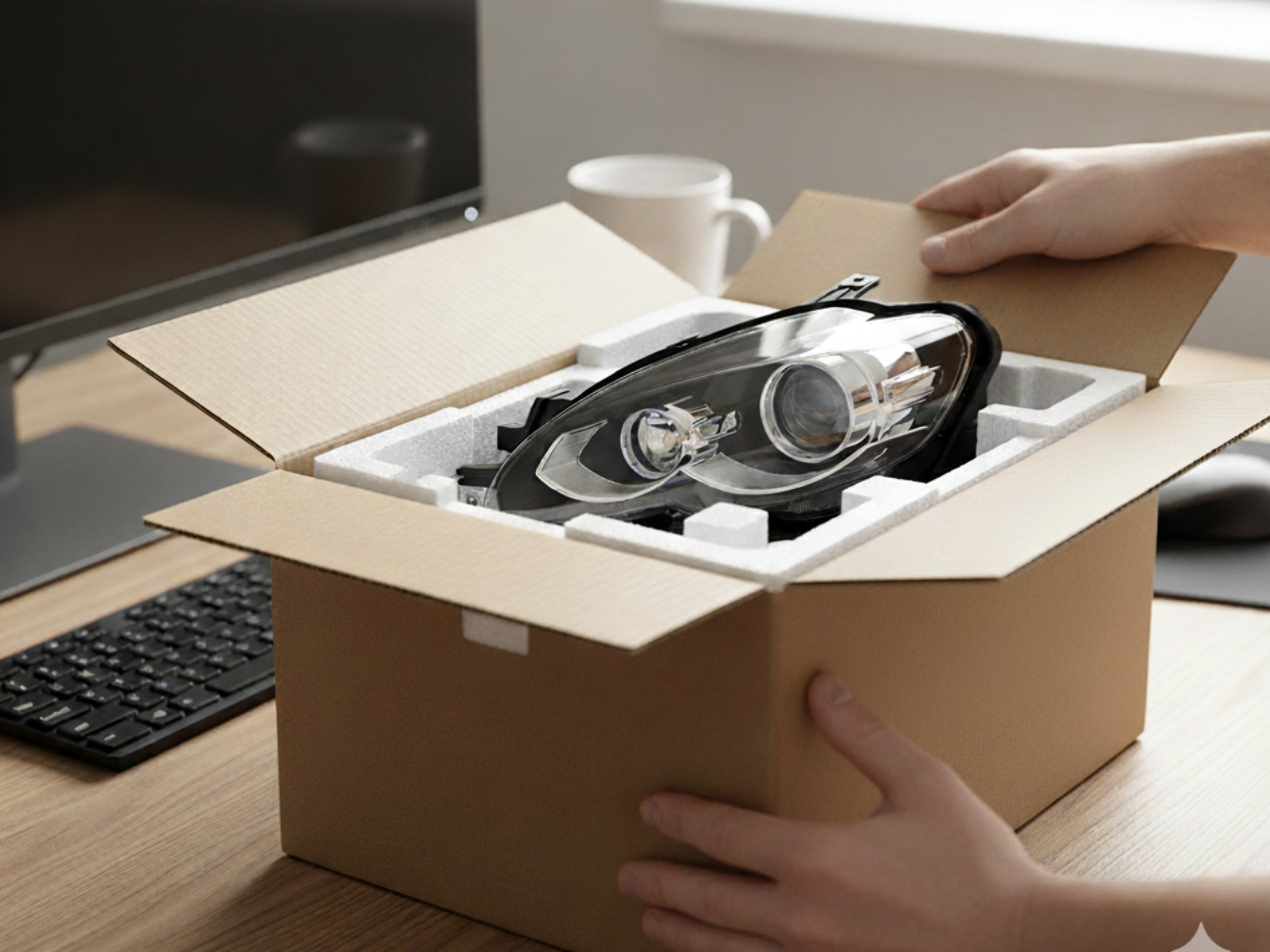 Customer unboxing a new LED car headlamp from branded packaging with protective foam insert on a desk