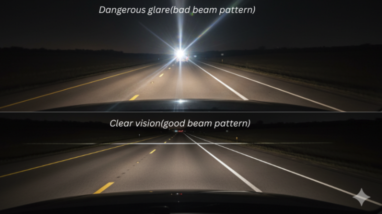 This is a first-person perspective picture seen from the inside of a truck, horizontally split. The upper part shows the poorly lit headlight beams, while the lower part shows the perfectly aligned headlight beams, contrasting the dangerous glare with the clear field of vision.
