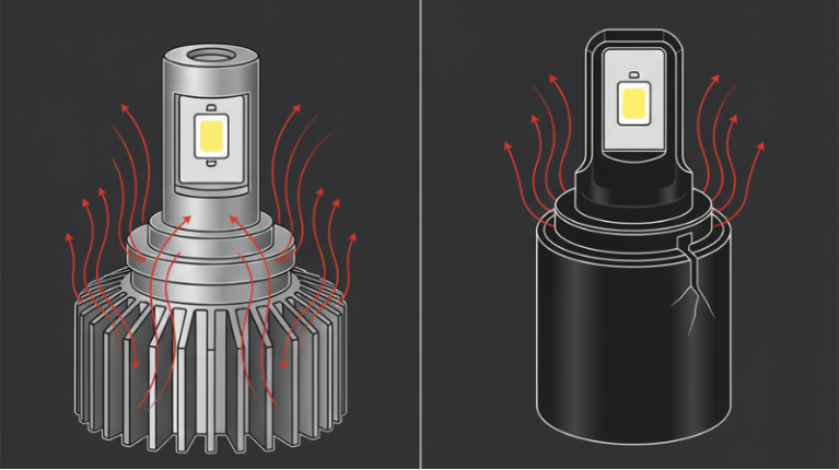 This close-up sectional illustration shows two types of LED headlight bulbs. On the left is a high-quality model with a metal heat sink, indicating that the heat is dissipated from the LED chip. On the right is a low-quality model with a simple plastic casing, showing that heat has accumulated around the LED chip and cracks have appeared.