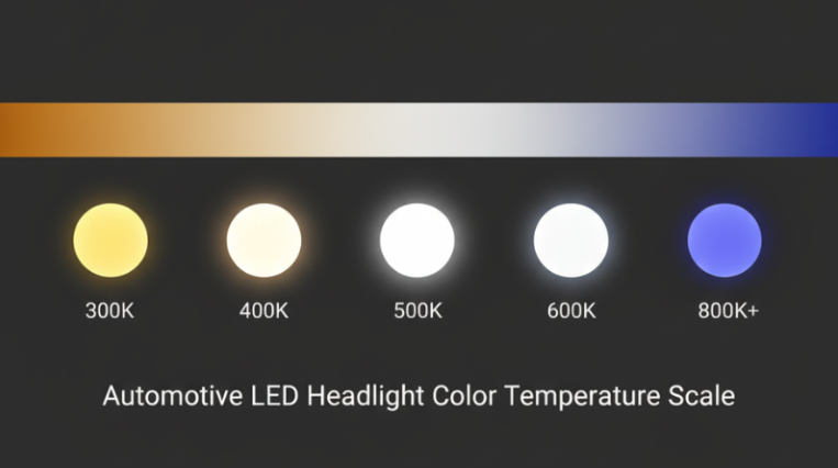Please look at this horizontal gradient color scale, which represents the light temperature from 3000K to over 8000K. Below, there is a series of small luminous circles or bulbs of various colors, clearly demonstrating the light effects at different color temperatures.