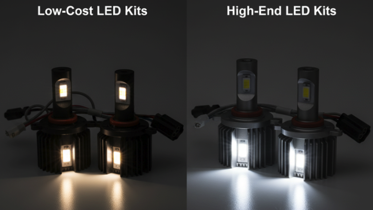 This is a high-contrast product comparison image. On the left is a low-cost LED bulb with a cheap shell, messy wiring, and dim and uneven light. On the right is a high-end LED bulb with an aluminum casing, neat wiring and bright, precise light source.