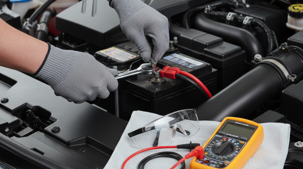 This is a realistic and clear photo showing a person wearing gloves loosening the negative battery terminal bolts with a wrench. Next to it are neatly placed a digital multimeter and safety glasses. The background is the engine compartment of a modern car, with bright and clear light.