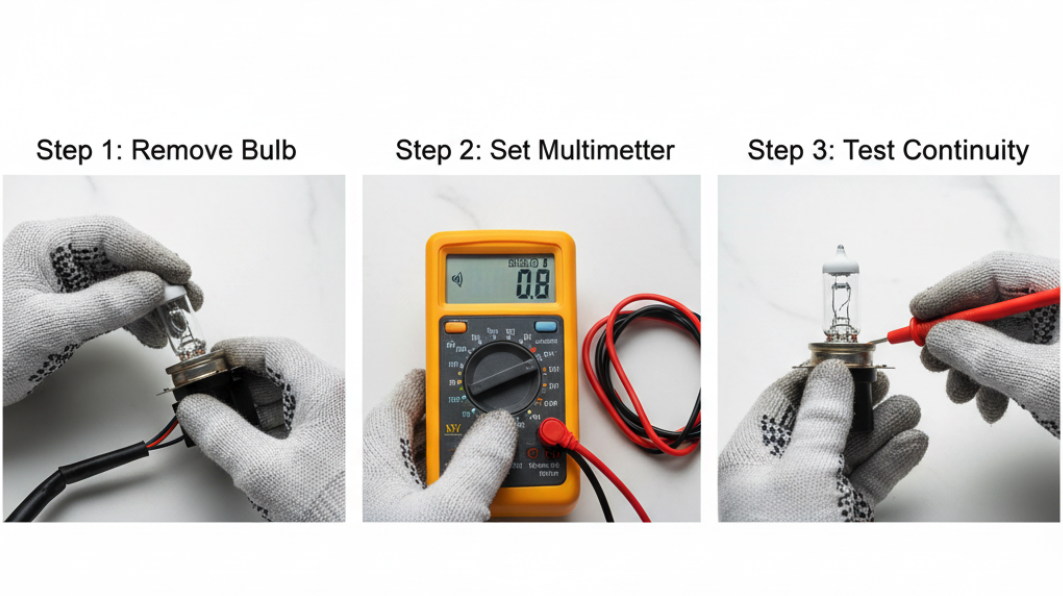 This is a set of multi-frame close-up photos showing the testing process of a multimeter. The first frame is to remove the halogen bulb, the second frame is to set the multimeter to the on-off mode, and the third frame is the probe touching the bulb contact and displaying the low resistance reading.