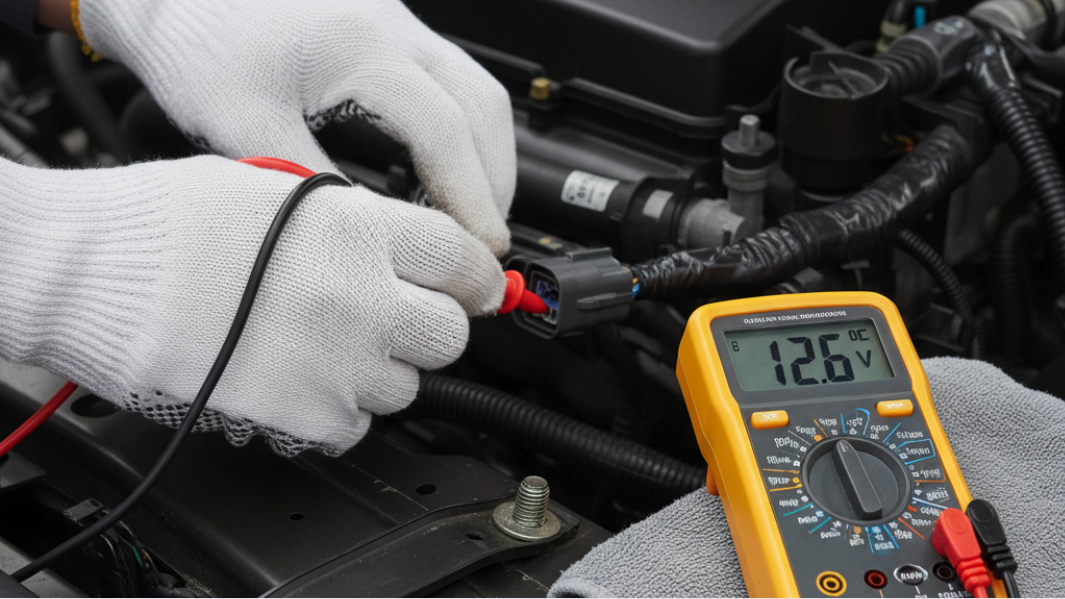 This is a close-up, realistic photo showing a person wearing clean gloves testing a car headlight socket with a multimeter.