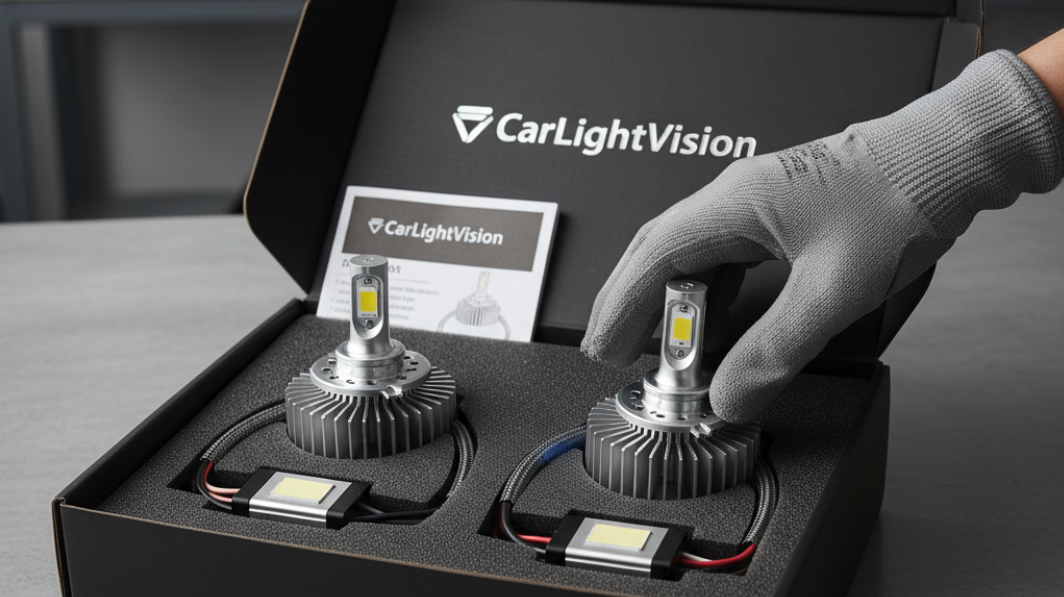 This is a professional and concise product photo, showcasing the high-quality LED headlight bulb set of the "CarLightVision" brand. The set is neatly placed in the open box, with all components clearly visible, including two bulbs, clear wiring and a small instruction manual.