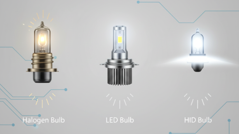 It is an infographic-style picture comparing three different types of headlight bulbs: traditional halogen bulbs, fashionable LED bulbs and compact HID bulbs. Each type of bulb is clearly marked with a brief visual representation of its type and light output, with a simple and tech-savvy background.