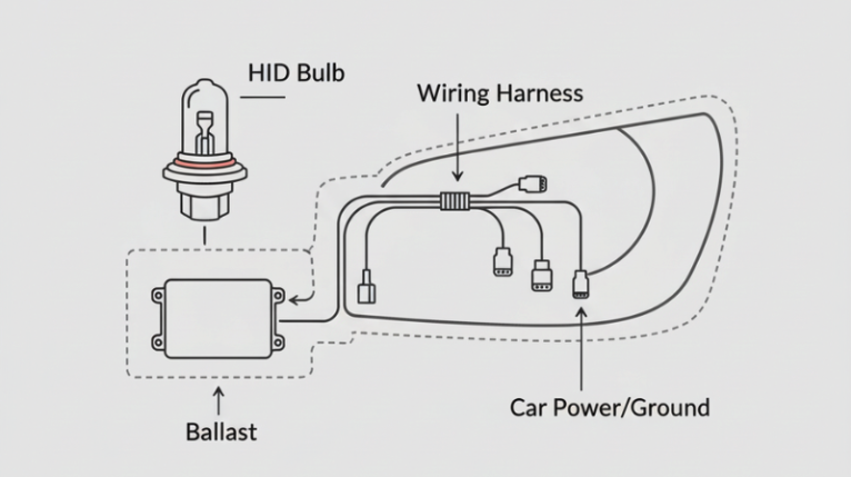 This is a concise and clear schematic diagram showing the components of the HID headlight kit: HID bulbs, independent ballasts and related wiring. This diagram illustrates how these components are connected, suggesting that the installation process is slightly more complex compared to plug-and-play.