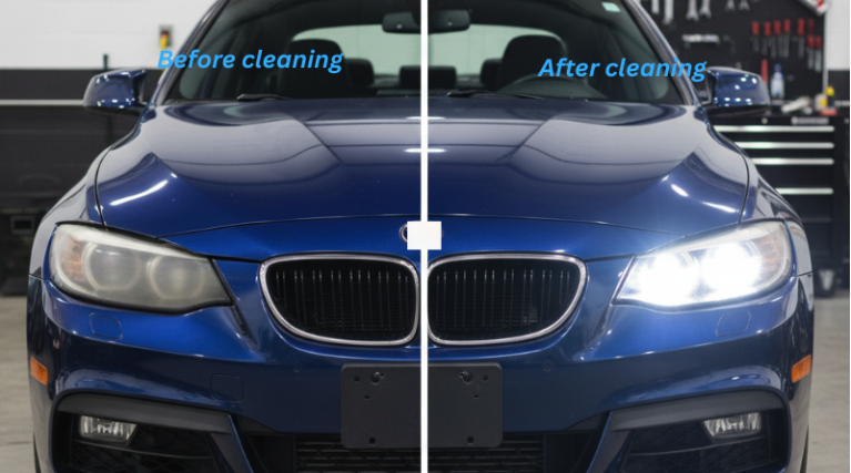 This is a split-screen image, or a "front and back" comparison picture, showing foggy and yellowed car headlight lenses placed side by side with crystal-clear headlight lenses. This contrast clearly illustrates the benefits of headlight refurbishment for enhancing light output