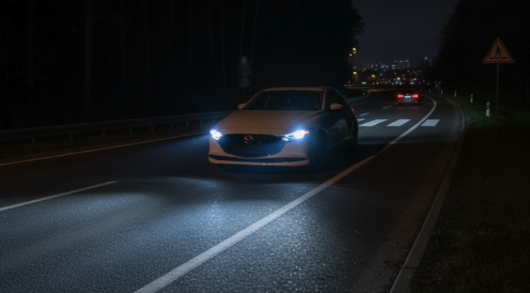 This is a Mazda 3 confidently driving on a winding road at night. Its upgraded bright LED headlights illuminate the road ahead, clearly showing road obstacles, signs and the roadside. This image conveys an enhanced sense of security, visibility and the driver's reassurance.