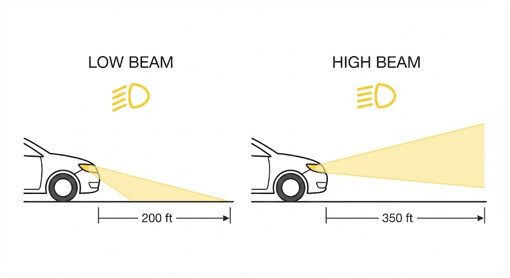 Minimalist technical diagram comparing low beam and high beam headlights,
white background,
simple car front outline with light beam shapes,
low beam angled downward, high beam straight forward,
clean distance markers (200 ft vs 350 ft),
matching flat dashboard symbols above each beam,
soft yellow light color, no dark background,
clean automotive manual illustration style,
easy to understand at a glance, 4K