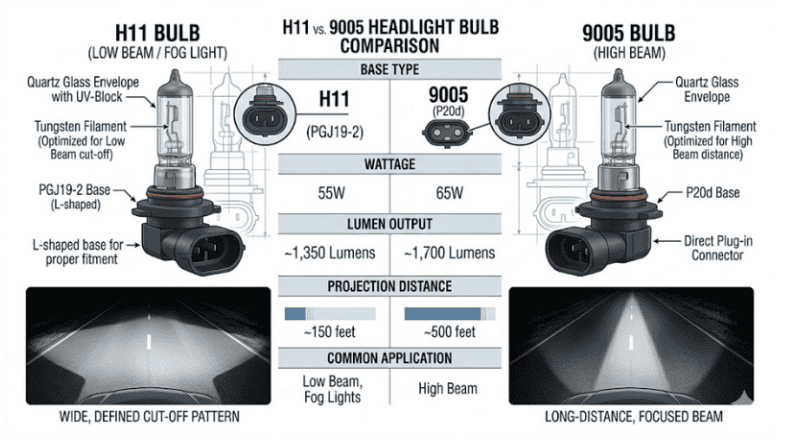 A professional automotive lighting comparison diagram showing an H11 headlight bulb and a 9005 headlight bulb side by side. 