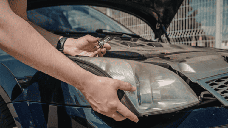 a man is repairing the broken taillight