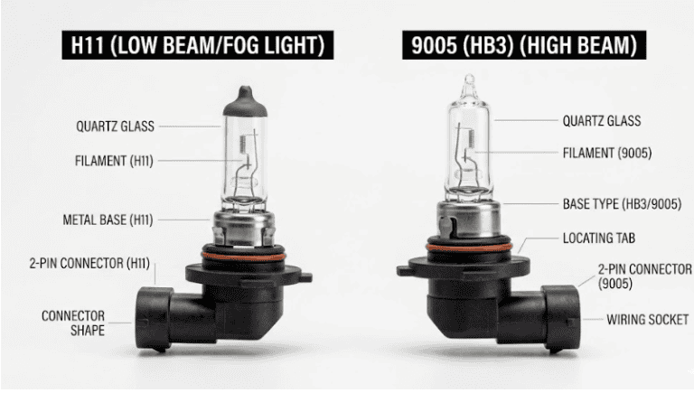 A professional comparison image of two automotive headlight bulbs, H11 vs 9005 (HB3)