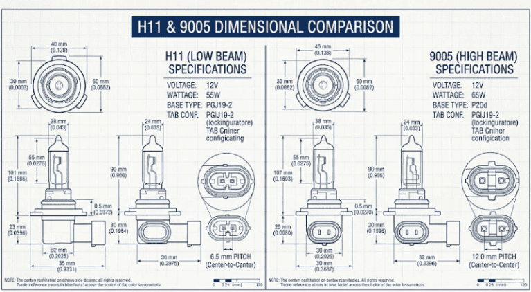 Technical diagram comparing dimensions of H11 and 9005 headlight bulbs