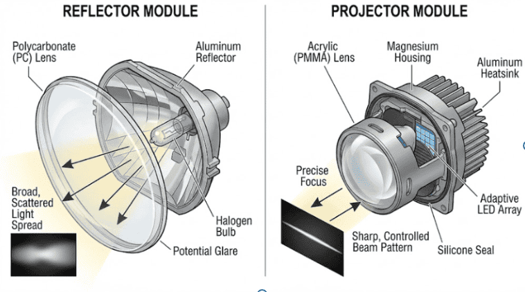 Comparison of headlight reflector vs. projector lens modules showing broad light spread versus sharp controlled beam patterns for better road safety.