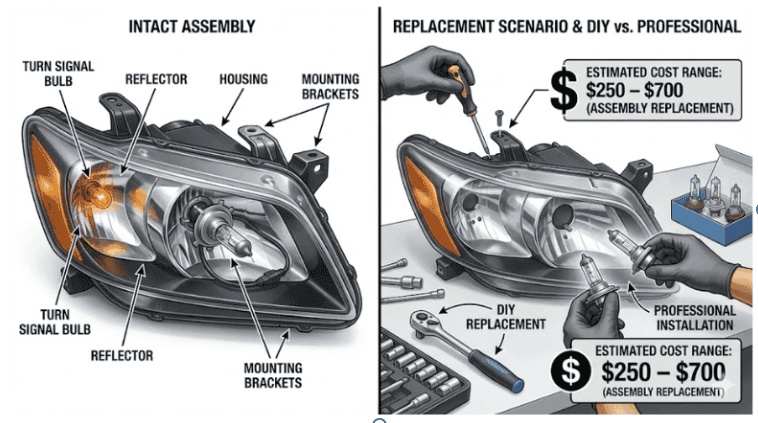 Technical diagram of an automotive headlight assembly displaying labeled parts and a DIY replacement scenario.
