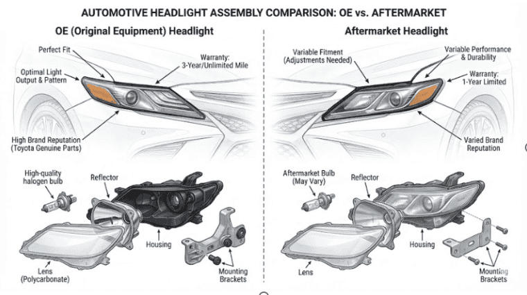 Technical comparison diagram of OE vs. Aftermarket headlight assemblies showing differences in fitment, quality, and exploded components.