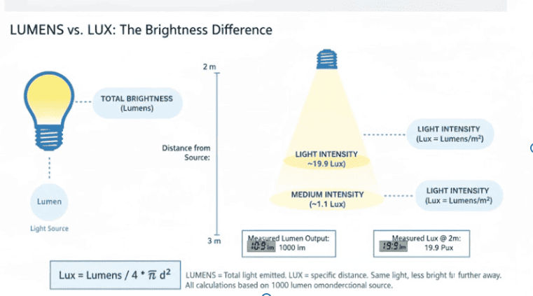 Create a technical infographic showing the relationship between a light source's total brightness (Lumens) and its illumination intensity (Lux) at different distances.