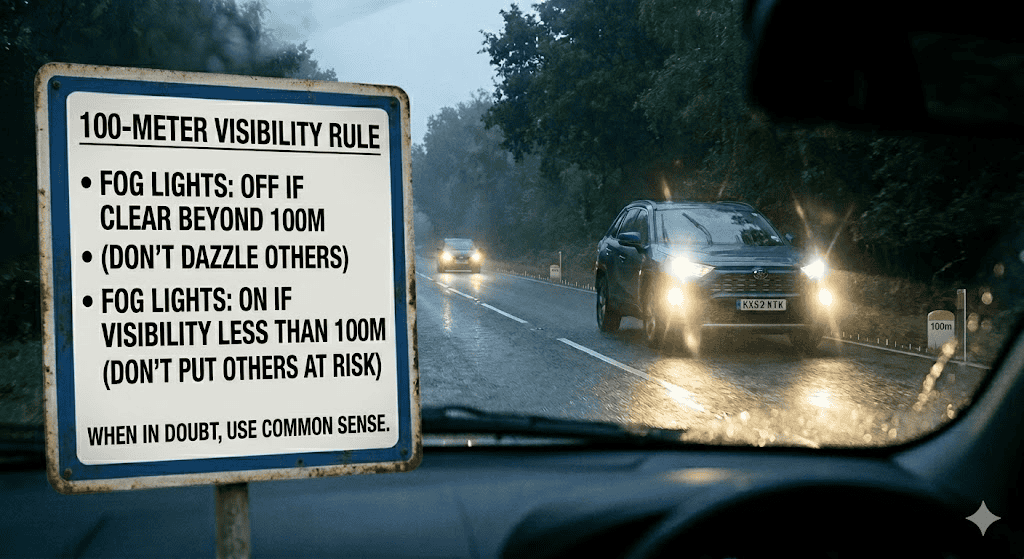 use fog lights only in severe fog to avoid dazzling other drivers