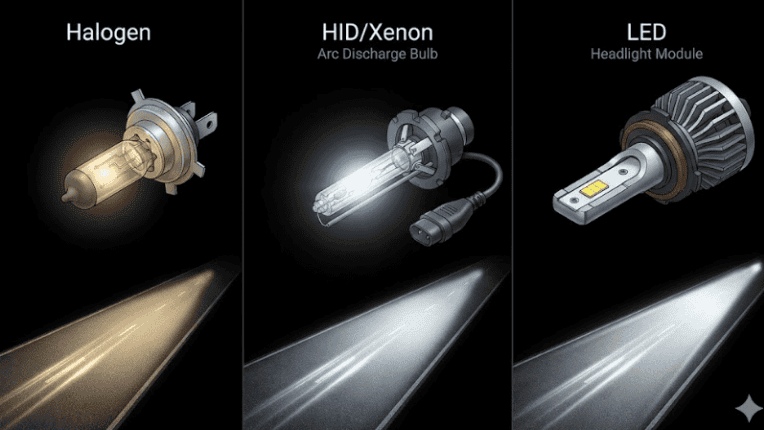Um infográfico técnico automotivo que ilustra uma comparação lado a lado de três tecnologias de faróis iluminando trechos de estrada contra um fundo escuro. À esquerda, uma lâmpada halógena projeta um feixe amarelado; no centro, uma lâmpada HID/Xenon projeta um feixe ligeiramente branco-azulado; e à direita, uma lâmpada LED projeta um feixe branco brilhante.