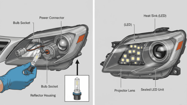 Side-by-side diagram comparing a traditional replaceable bulb headlight assembly and a sealed LED headlight unit, labeled with key components.