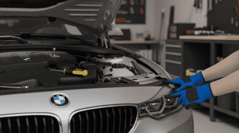 Mechanic wearing blue gloves accessing the headlight assembly of a silver BMW with the hood open, demonstrating the first step in headlight bulb replacement.