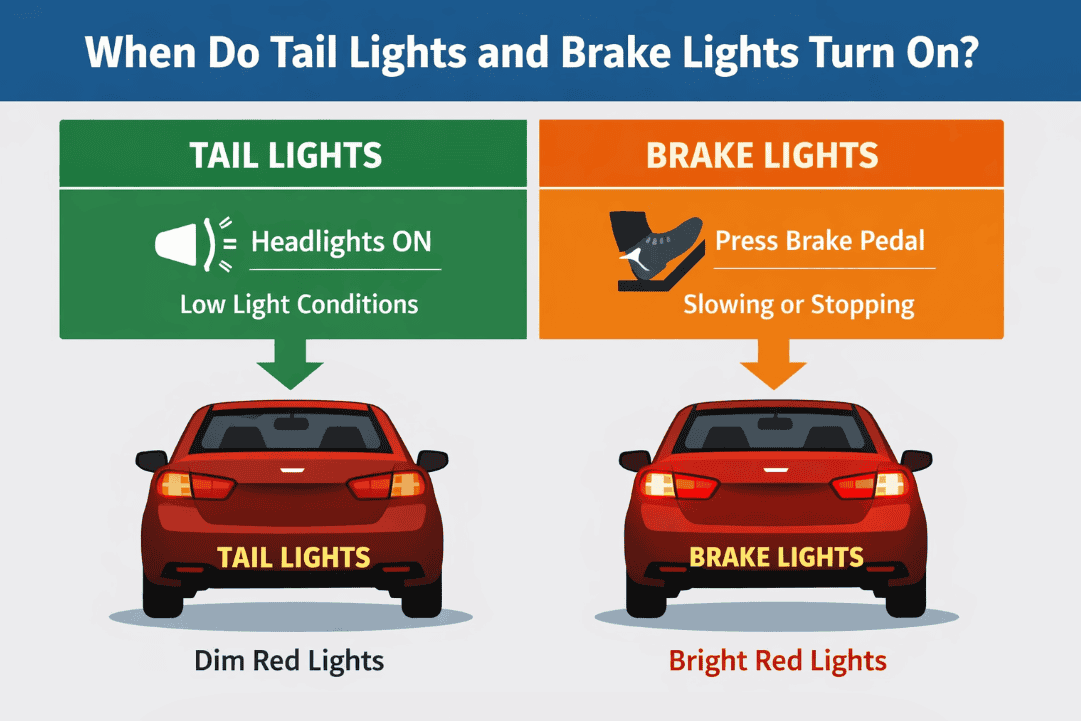 Car diagram showing when tail lights and brake lights turn on, comparing dim rear lights during headlight use versus bright brake lights when pressing the brake pedal.